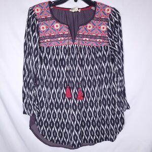 One September Top Medium Navy, Red Ikat Polka Dot Embroidered Palamba Mixed Prin